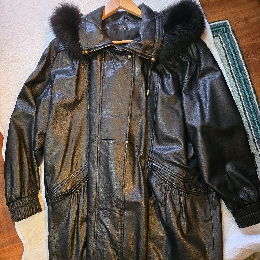 Vintage Black Leather Apres Ski Parka Real Fur Trimmed Hood Coat